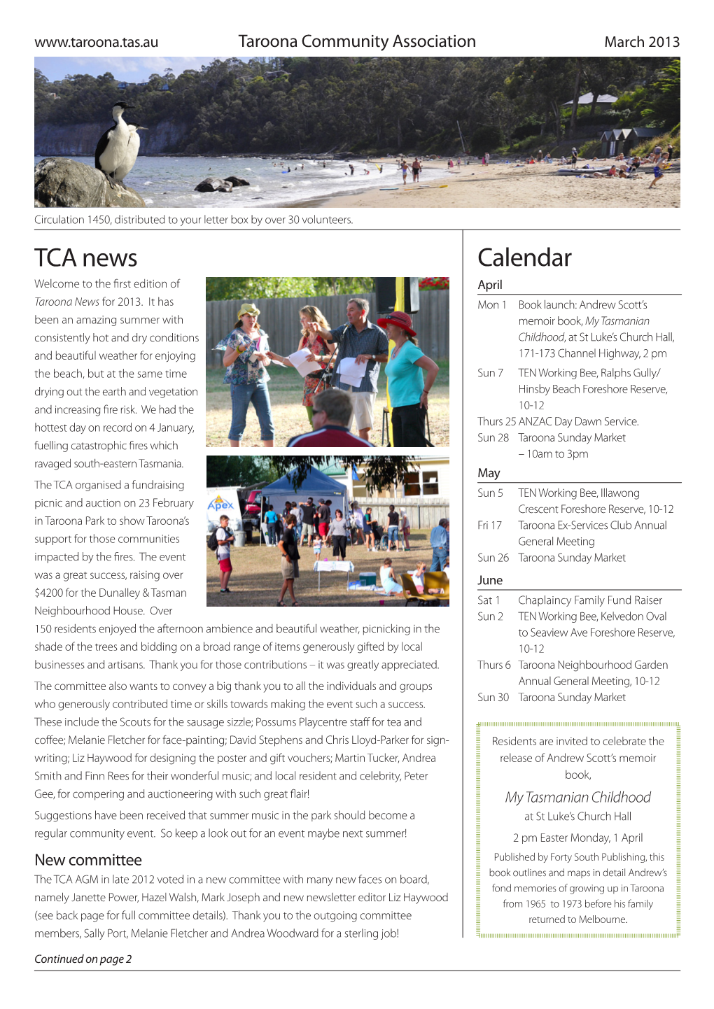 TCA News Calendar Welcome to the First Edition of April Taroona News for 2013