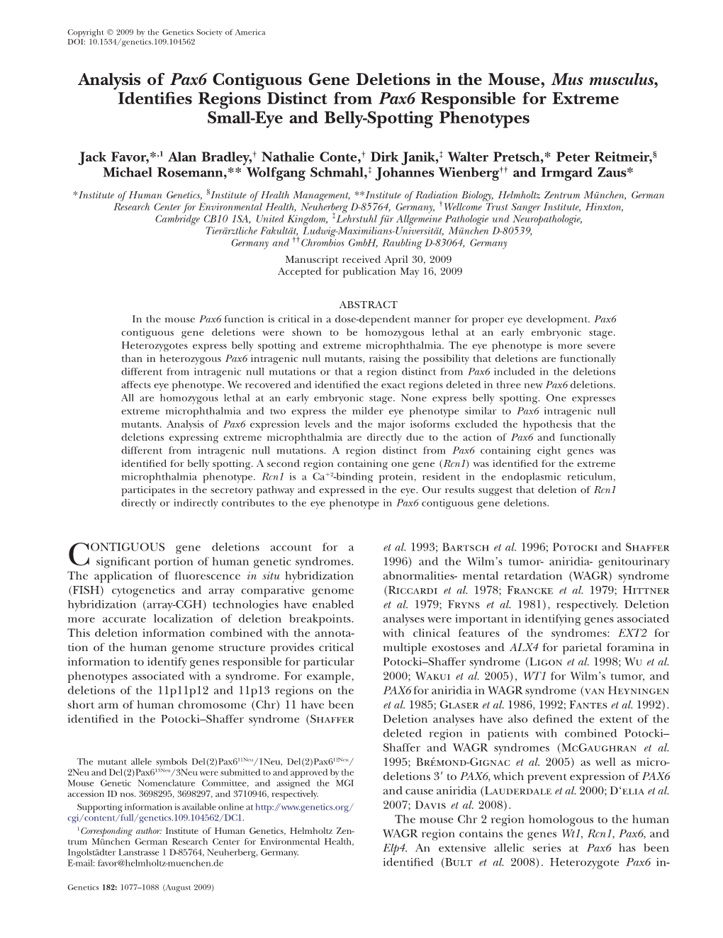 Analysis of Pax6 Contiguous Gene Deletions in the Mouse