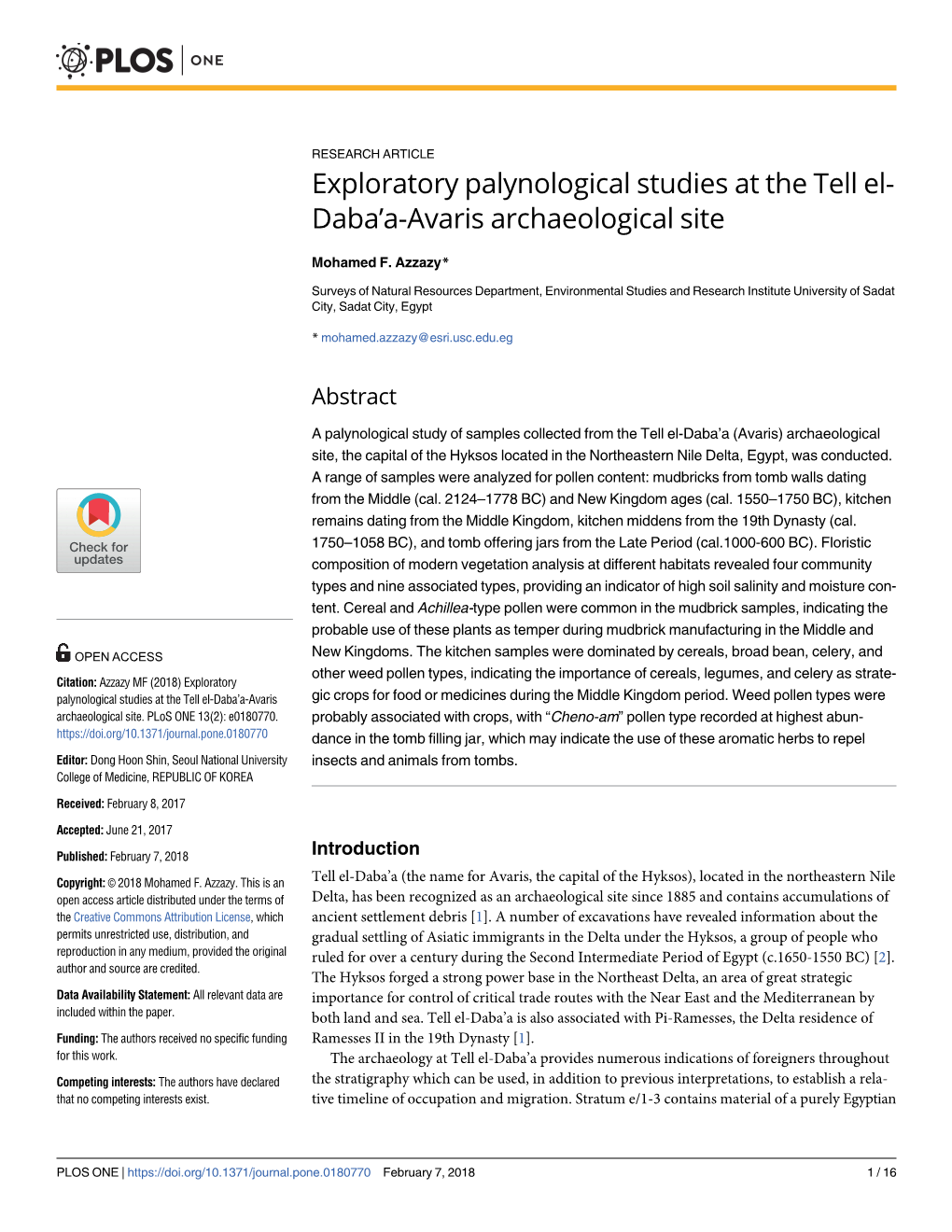 Exploratory Palynological Studies at the Tell El-Daba'a-Avaris Archaeological Site