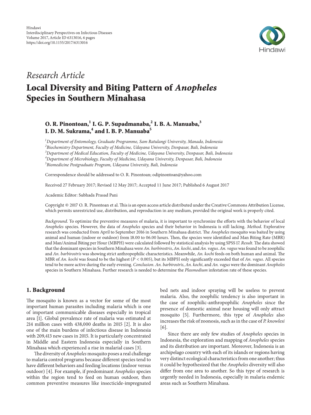 Local Diversity and Biting Pattern of Anopheles Species in Southern Minahasa