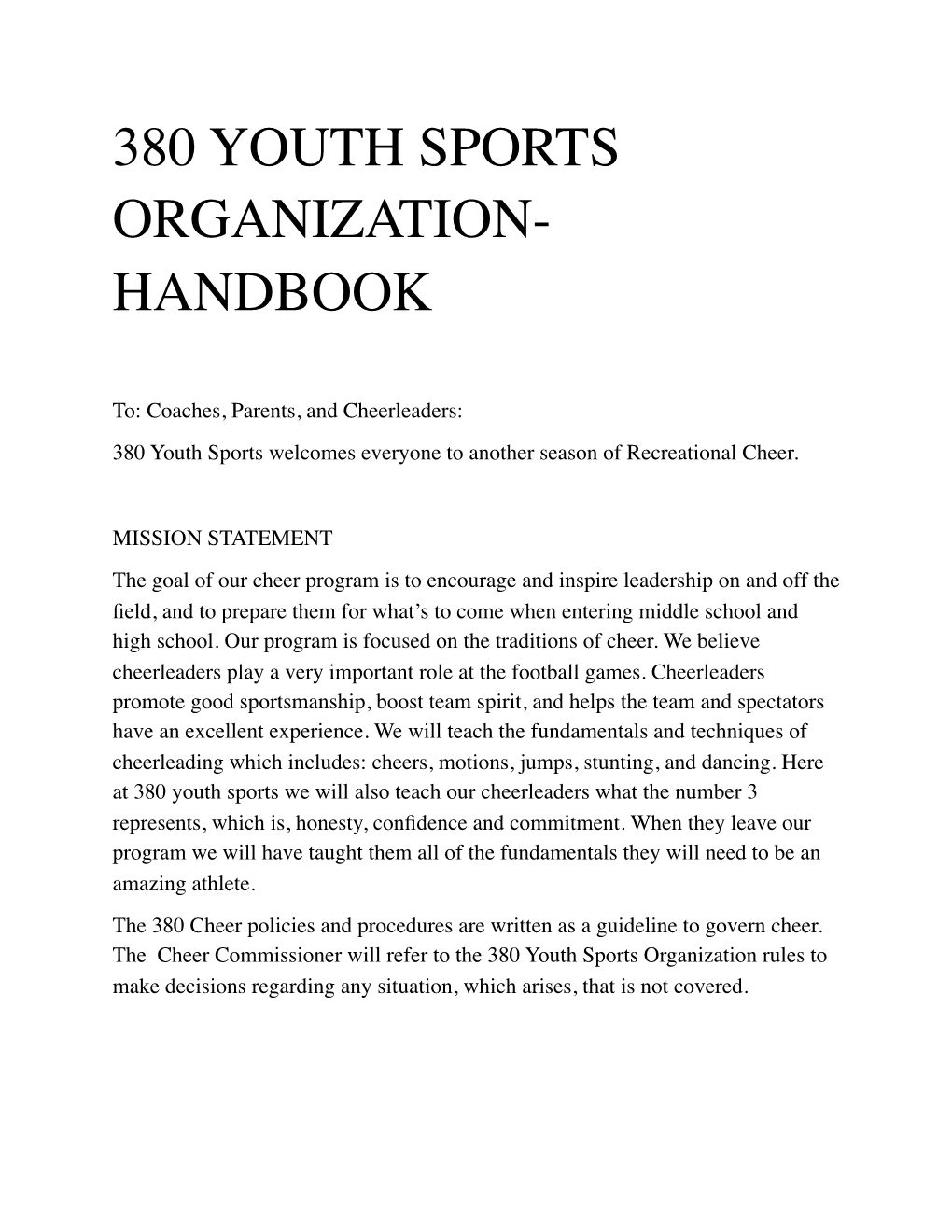 380 Youth Sports Organization- Handbook