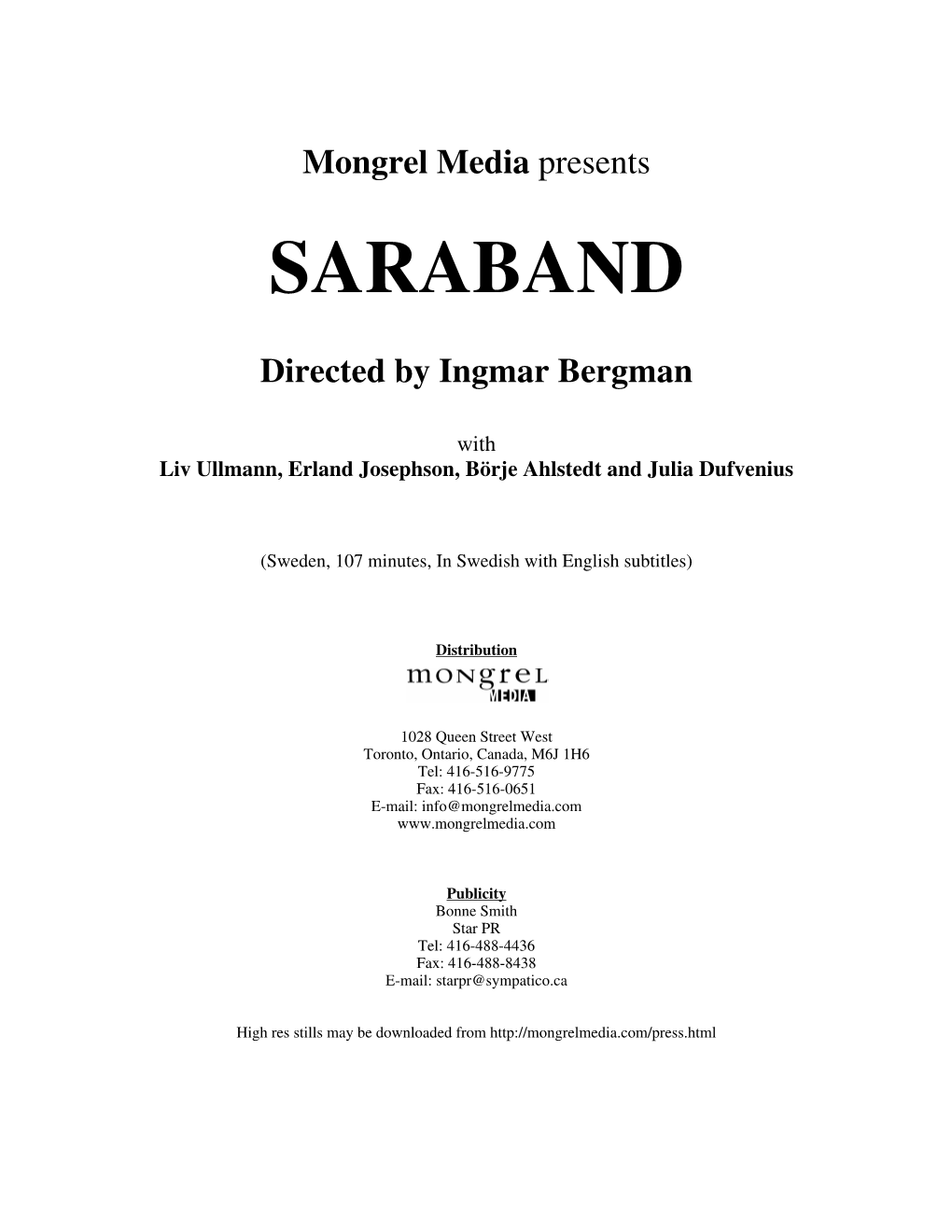 SARABAND Directed by Ingmar Bergman