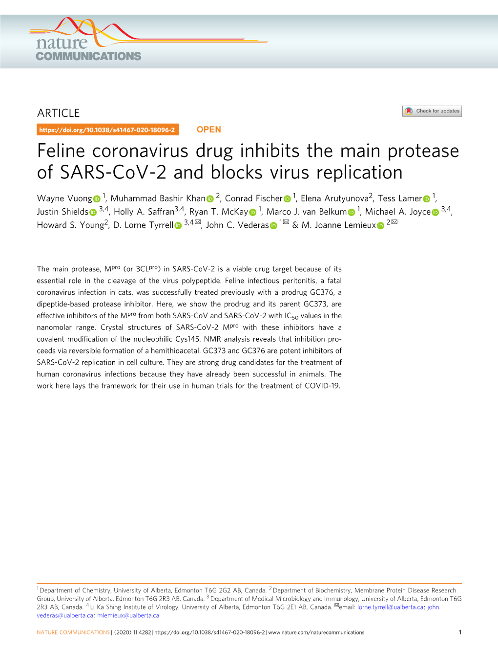 Feline Coronavirus Drug Inhibits the Main Protease of SARS-Cov-2 and Blocks Virus Replication