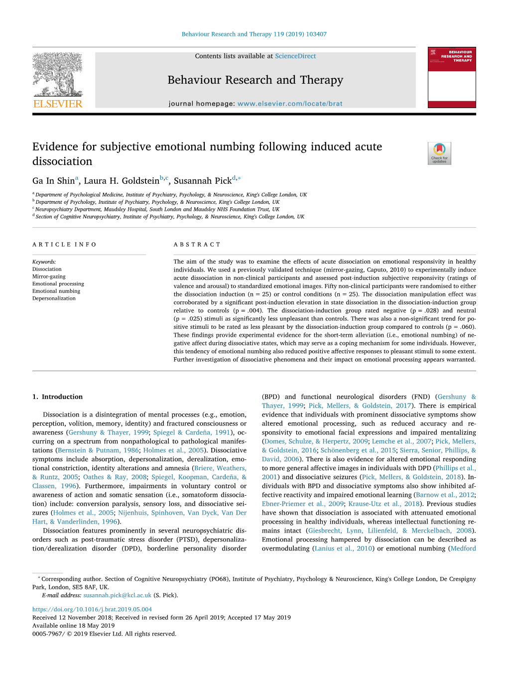 Evidence for Subjective Emotional Numbing Following Induced Acute Dissociation T