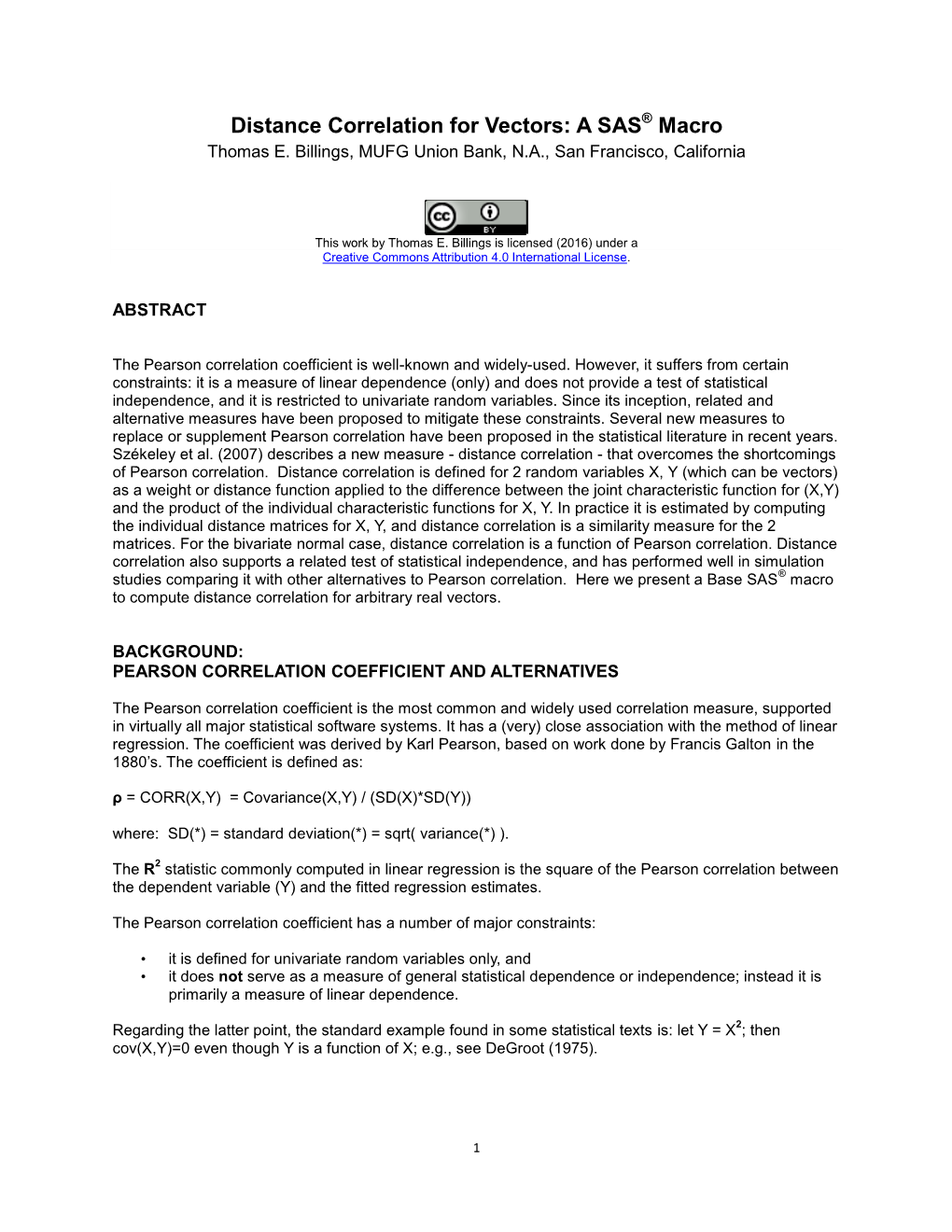 Distance Correlation for Vectors: a SAS Macro Thomas E