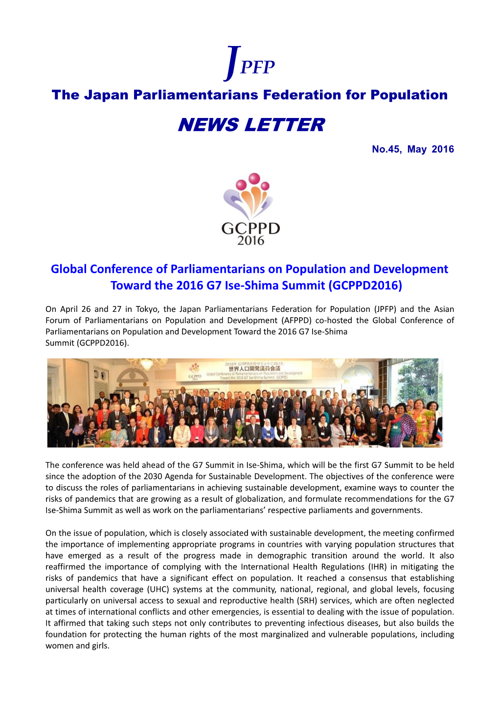 Global Conference of Parliamentarians on Population and Development Toward the 2016 G7 Ise-Shima Summit (GCPPD2016)