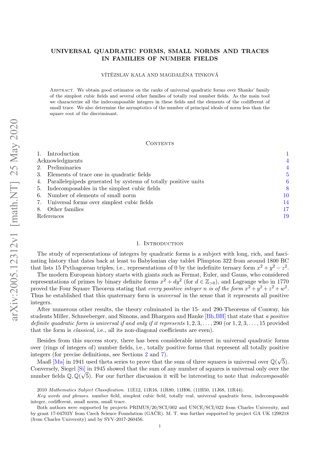 Universal Quadratic Forms, Small Norms and Traces in Families Of