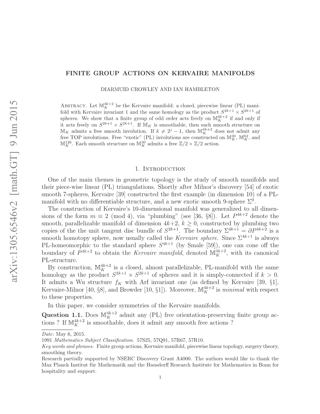 Arxiv:1305.6546V2 [Math.GT] 9 Jun 2015 a Lnkisiu ¨Rmteai N H Asoﬀrsac I Research Support