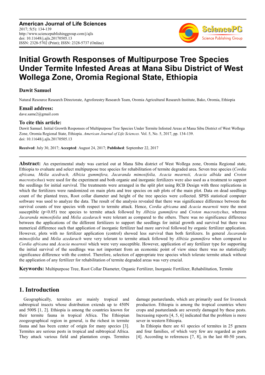 Initial Growth Responses of Multipurpose Tree Species Under Termite Infested Areas at Mana Sibu District of West Wollega Zone, Oromia Regional State, Ethiopia
