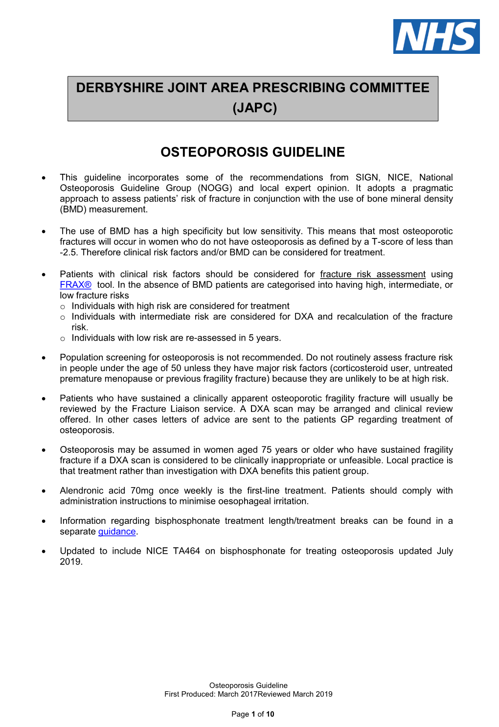 Osteoporosis Guideline Derbyshire Joint Area Prescribing Committee (Japc)