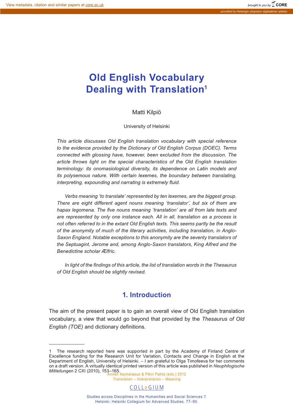 Old English Vocabulary Dealing with Translation1