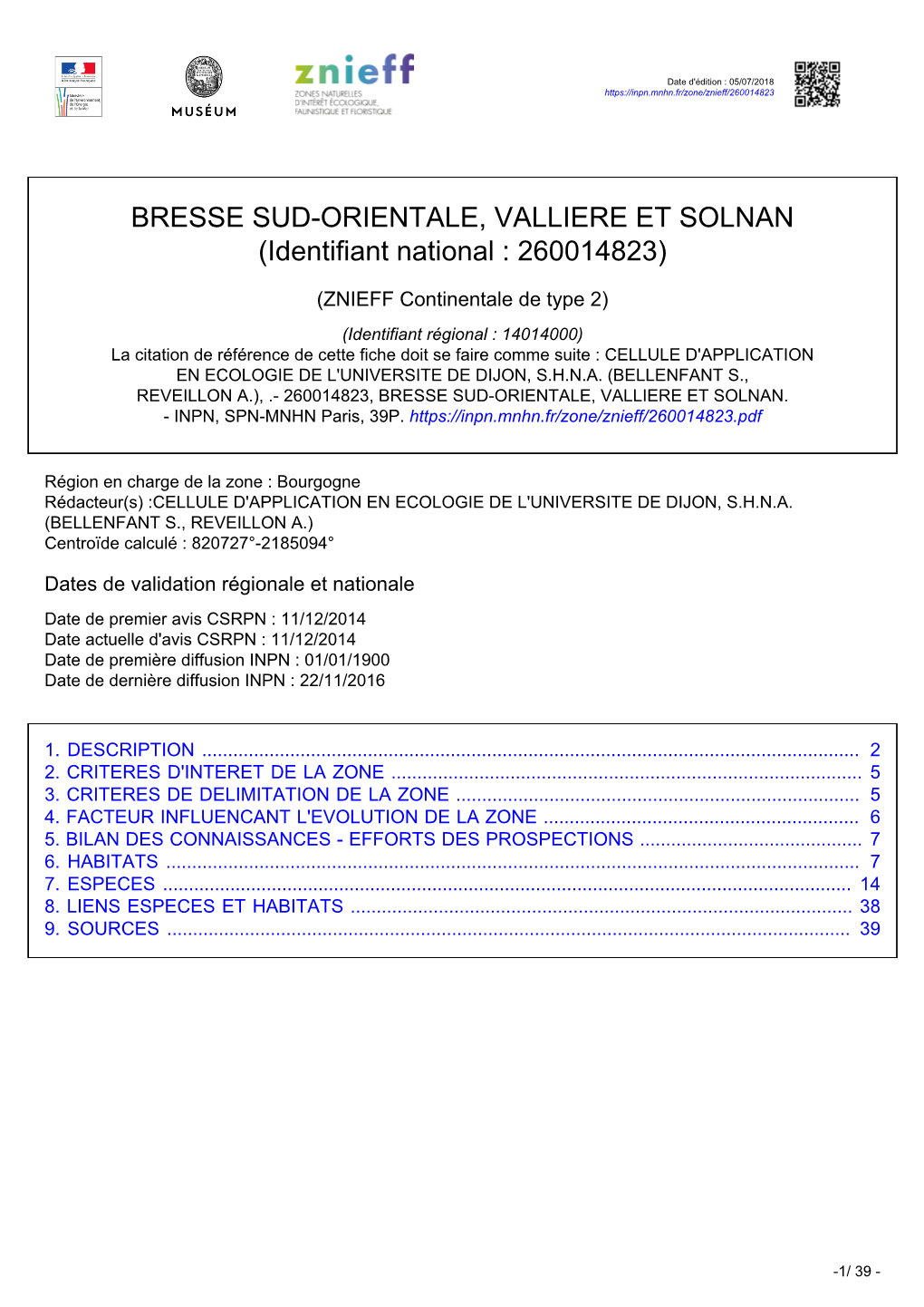 BRESSE SUD-ORIENTALE, VALLIERE ET SOLNAN (Identifiant National : 260014823)