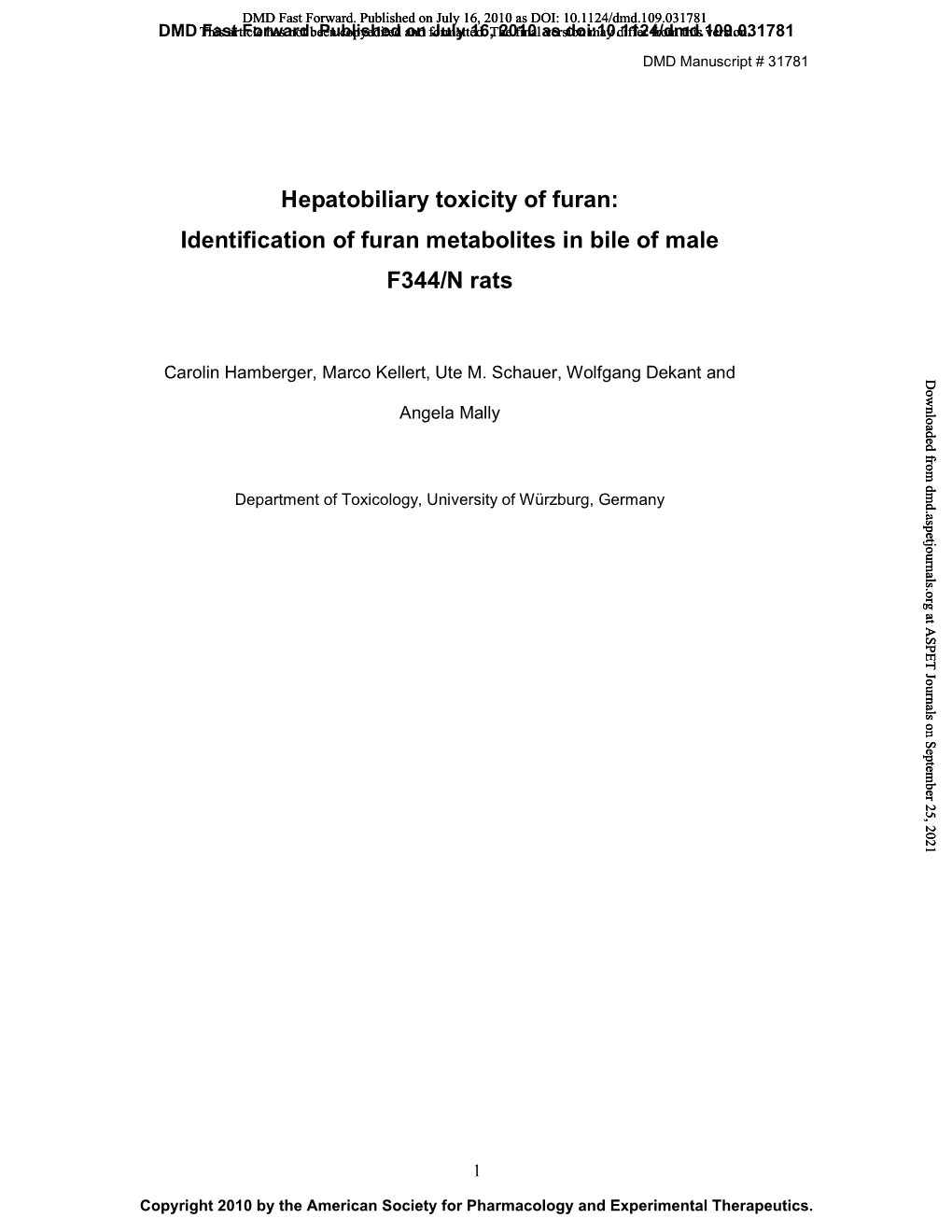 Hepatobiliary Toxicity of Furan: Identification of Furan Metabolites in Bile of Male F344/N Rats