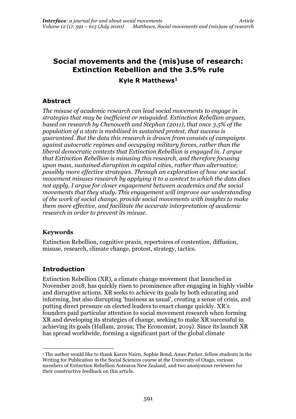 (Mis)Use of Research: Extinction Rebellion and the 3.5% Rule Kyle R Matthews1