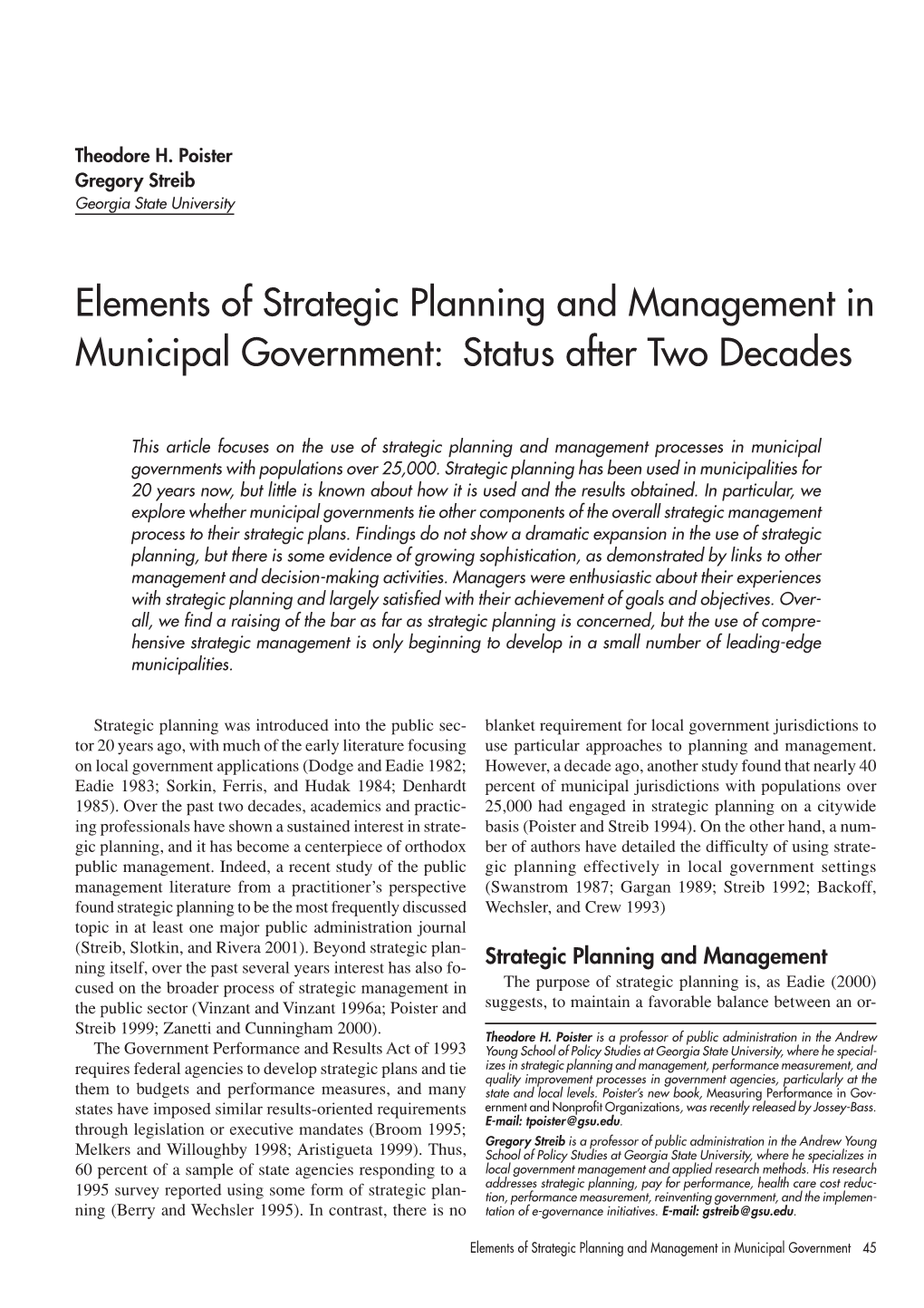 Elements of Strategic Planning and Management in Municipal Government: Status After Two Decades