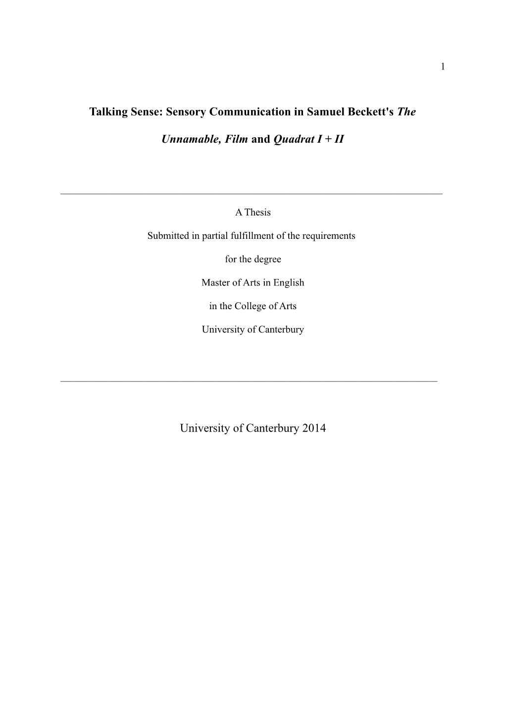 Sensory Communication in Samuel Beckett's the Unnamable, Film And