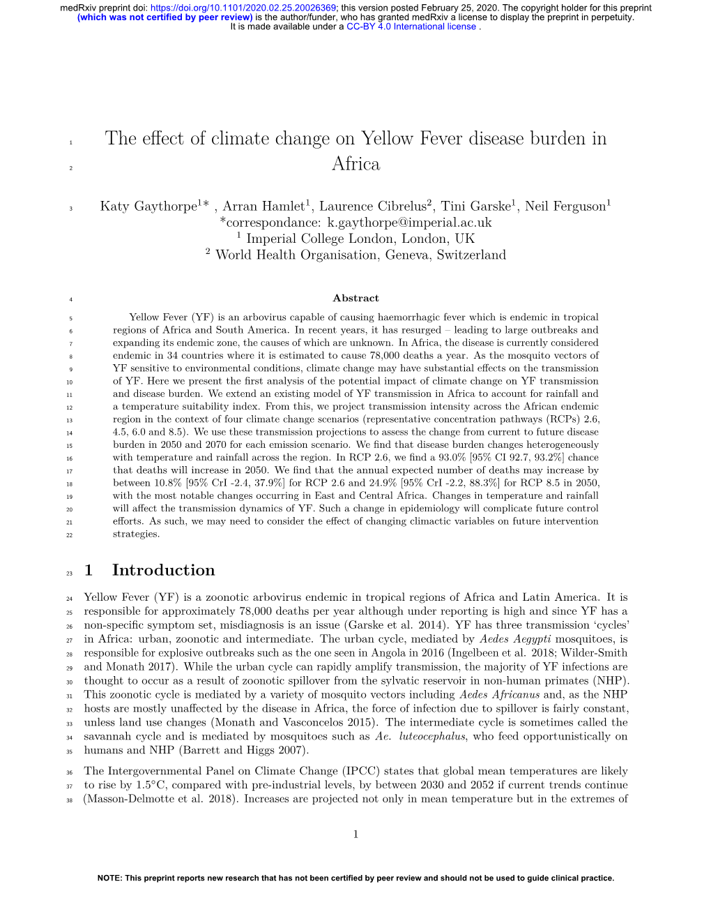 The Effect of Climate Change on Yellow Fever Disease Burden in Africa