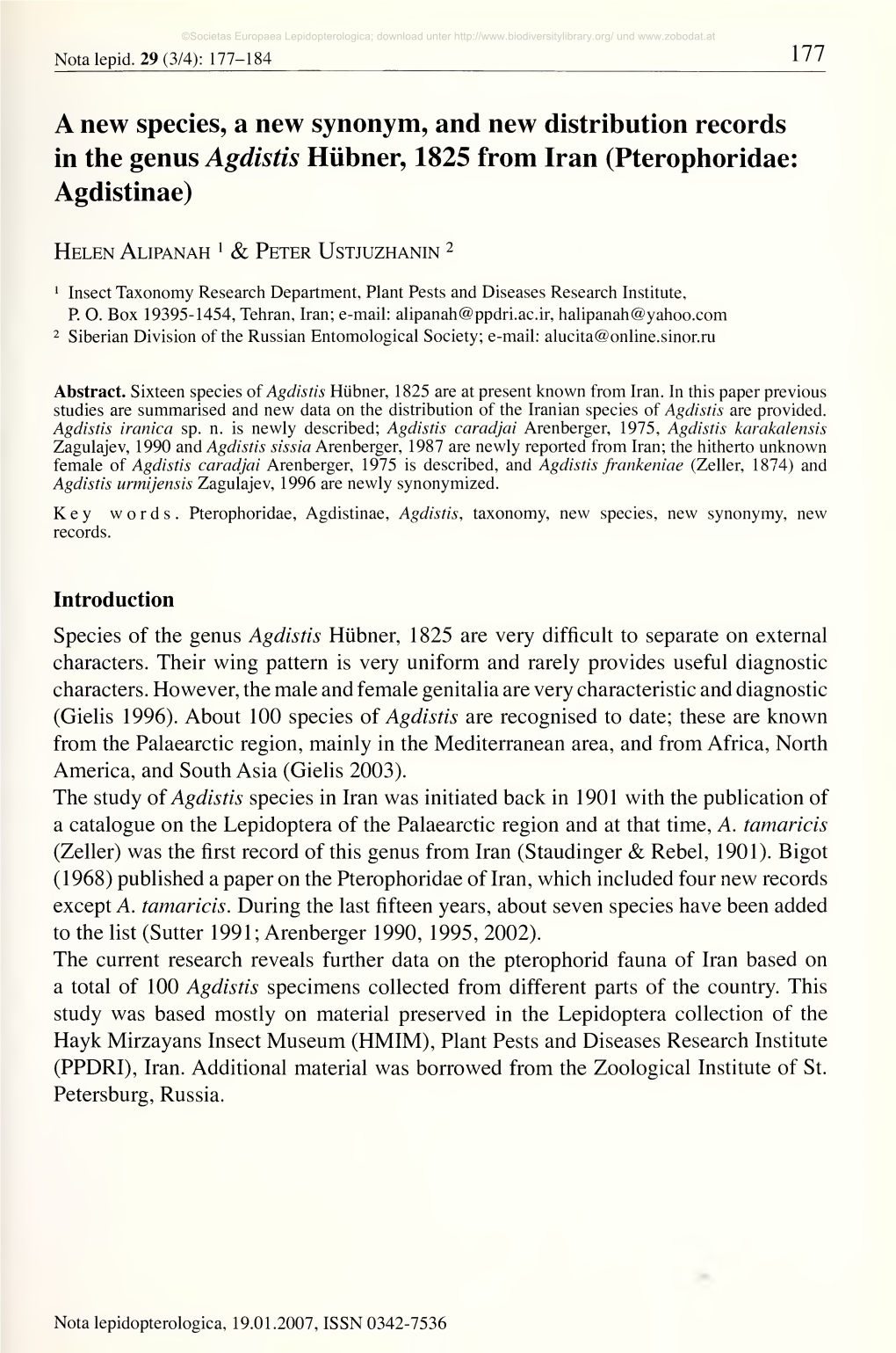 Nota Lepidopterologica, 19.01.2007, ISSN 0342-7536 ©Societas Europaea Lepidopterologica; Download Unter Und