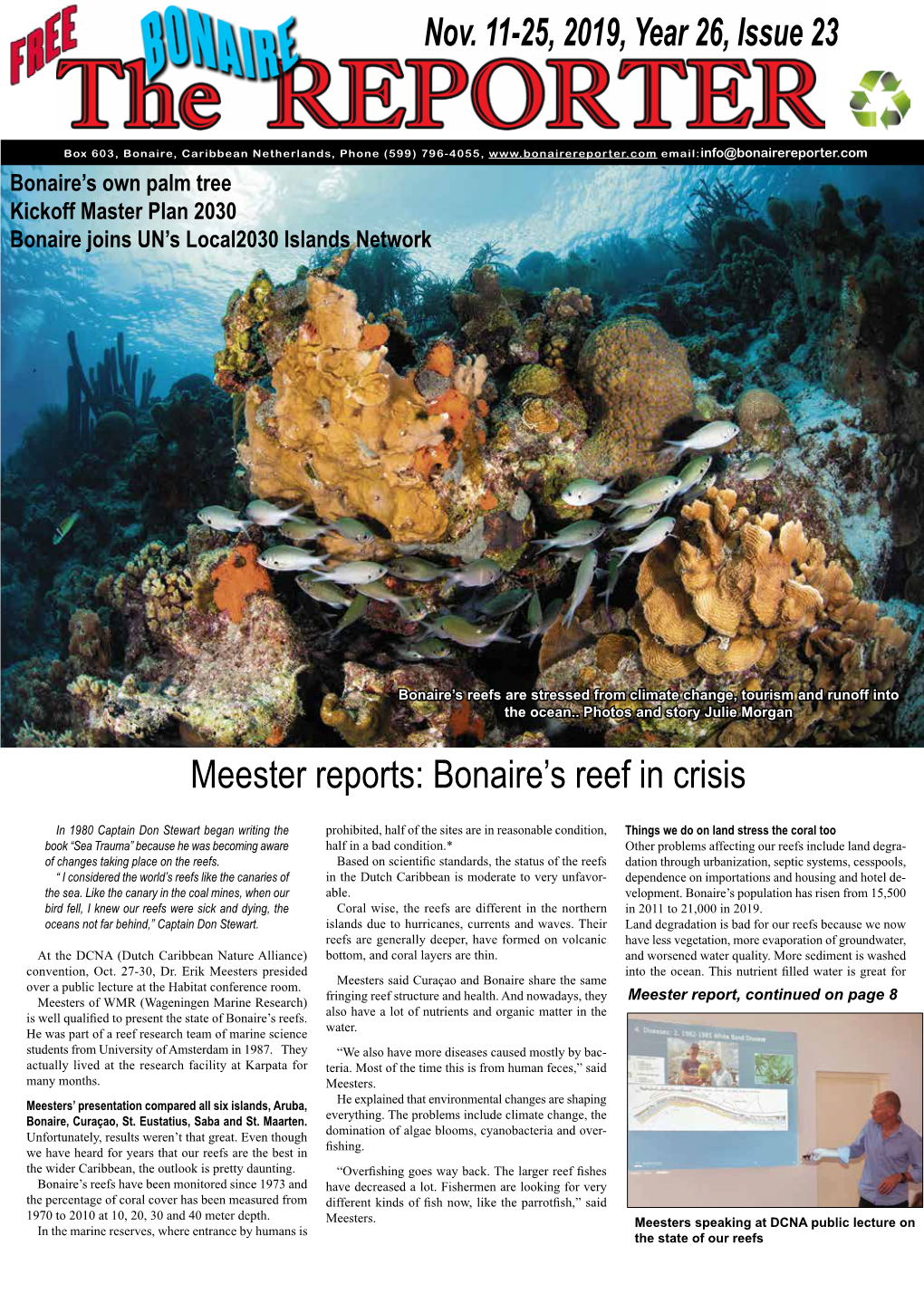 Nov. 11-25, 2019, Year 26, Issue 23 Meester Reports: Bonaire's Reef In