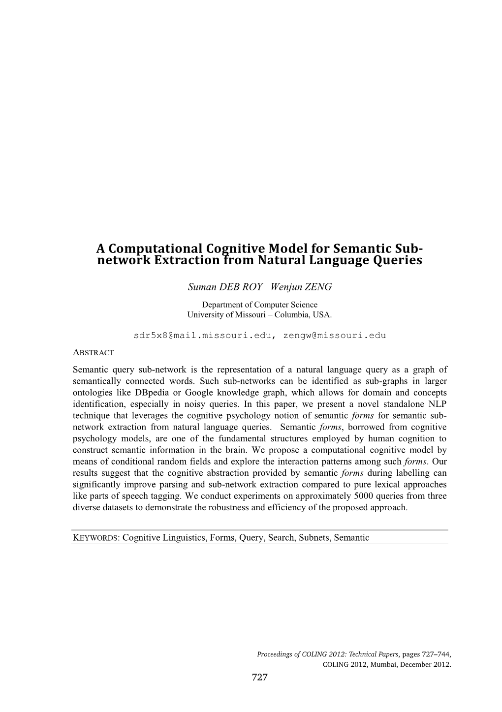 A Computational Cognitive Model for Semantic Sub-Network Extraction from Natural Language Queries