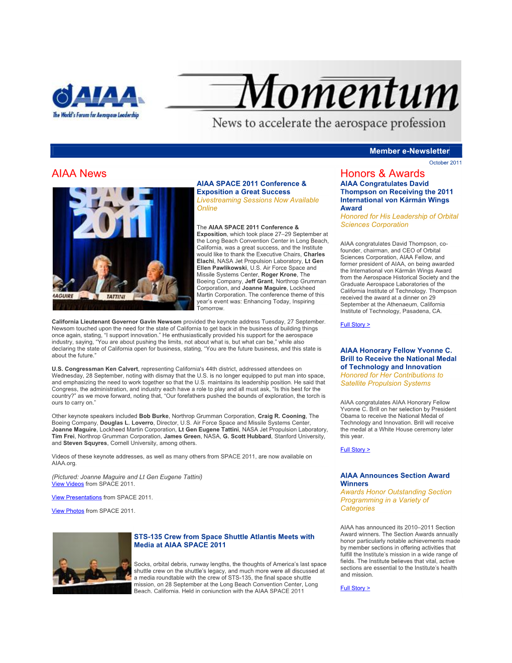 AIAA News Honors & Awards