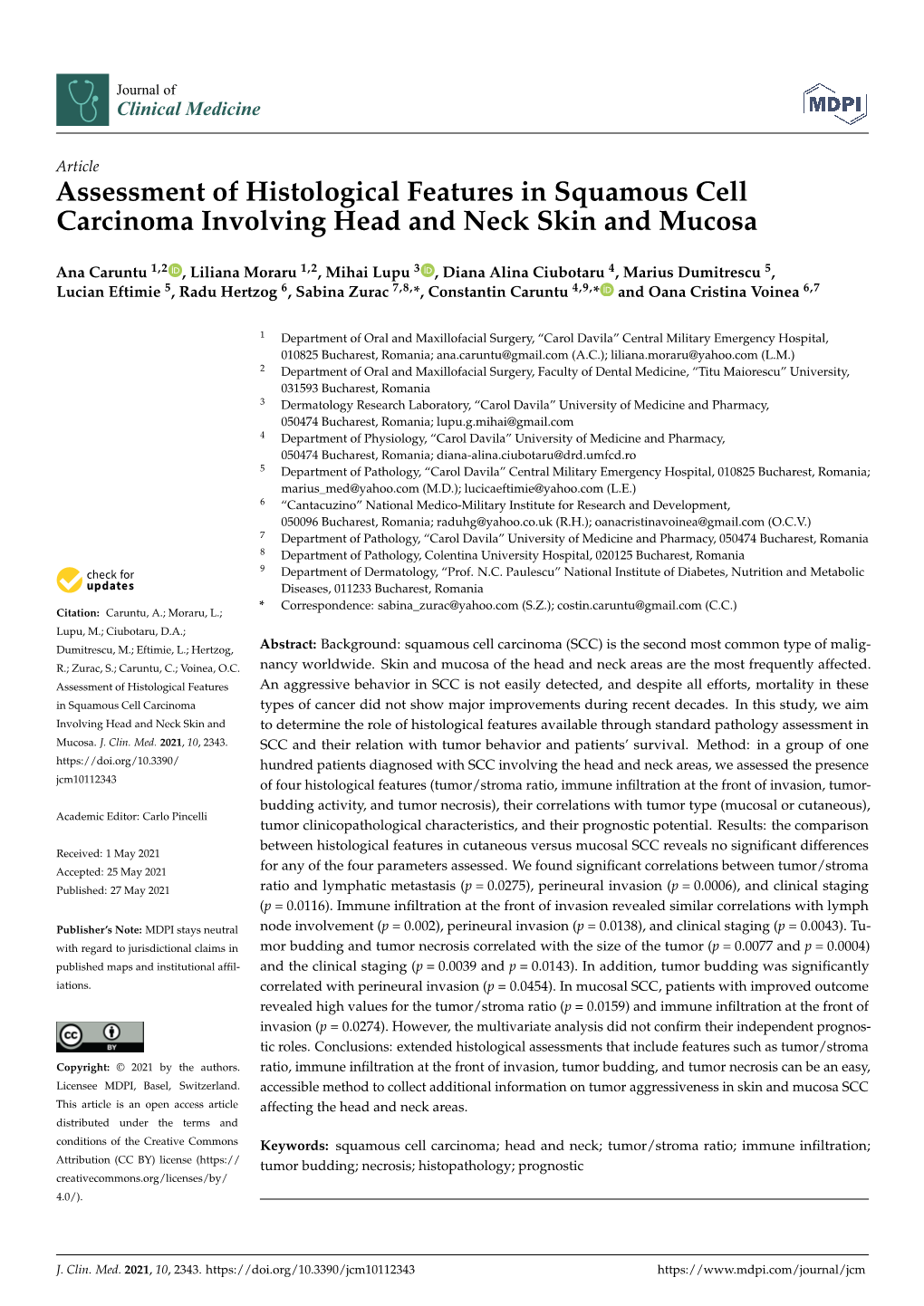 Assessment of Histological Features in Squamous Cell Carcinoma Involving Head and Neck Skin and Mucosa