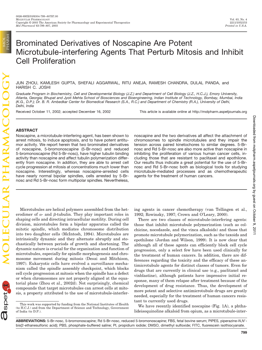 Brominated Derivatives of Noscapine Are Potent Microtubule-Interfering Agents That Perturb Mitosis and Inhibit Cell Proliferation