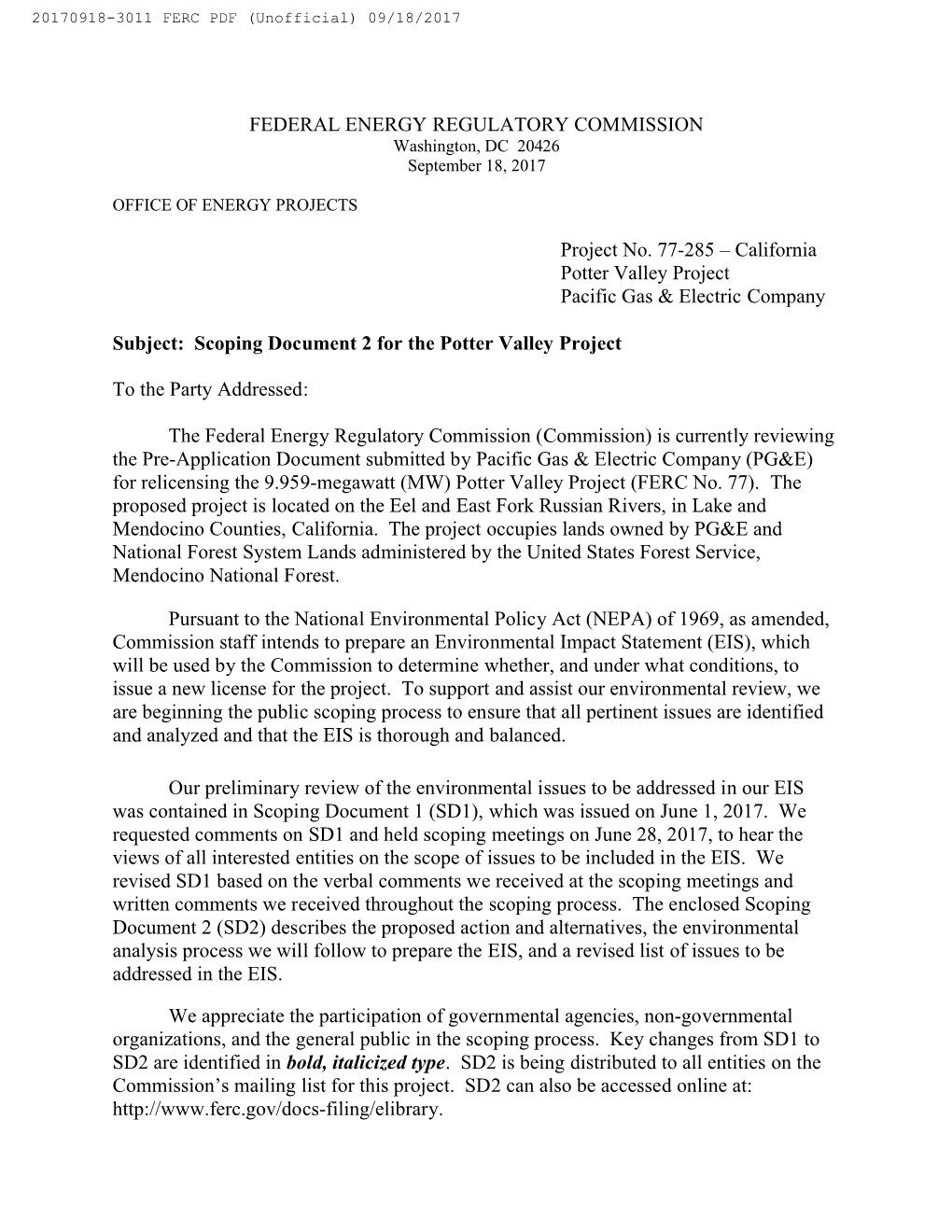 FEDERAL ENERGY REGULATORY COMMISSION Project No. 77-285 – California Potter Valley Project Pacific Gas & Electric Company