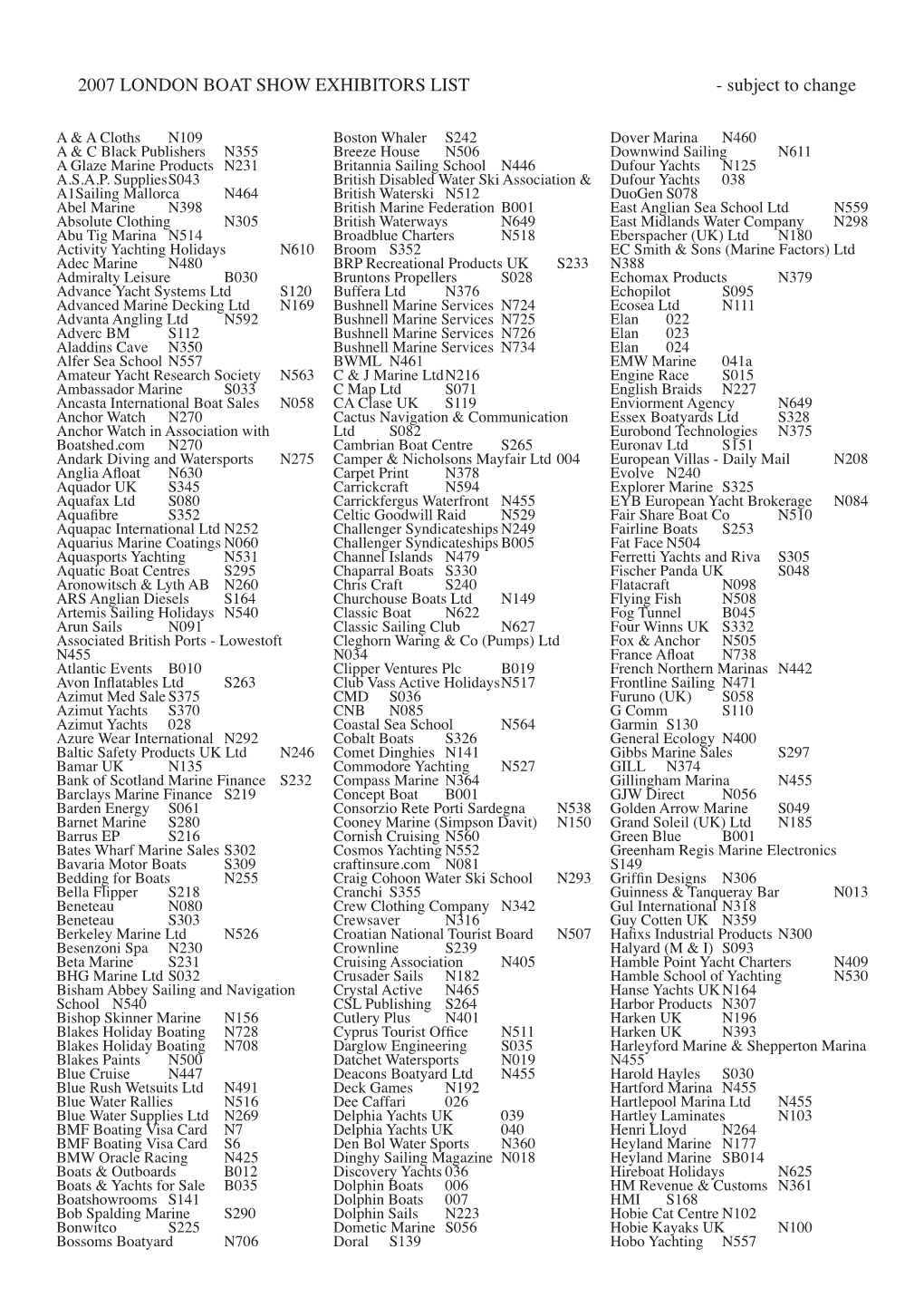 2007 LONDON BOAT SHOW EXHIBITORS LIST - Subject to Change