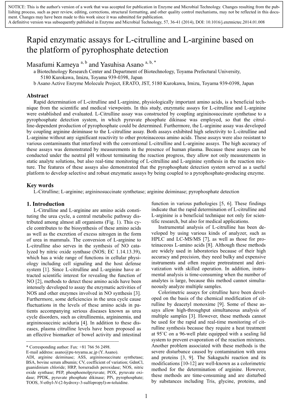 Rapid Enzymatic Assays for L-Citrulline and L-Arginine Based on the Platform of Pyrophosphate Detection