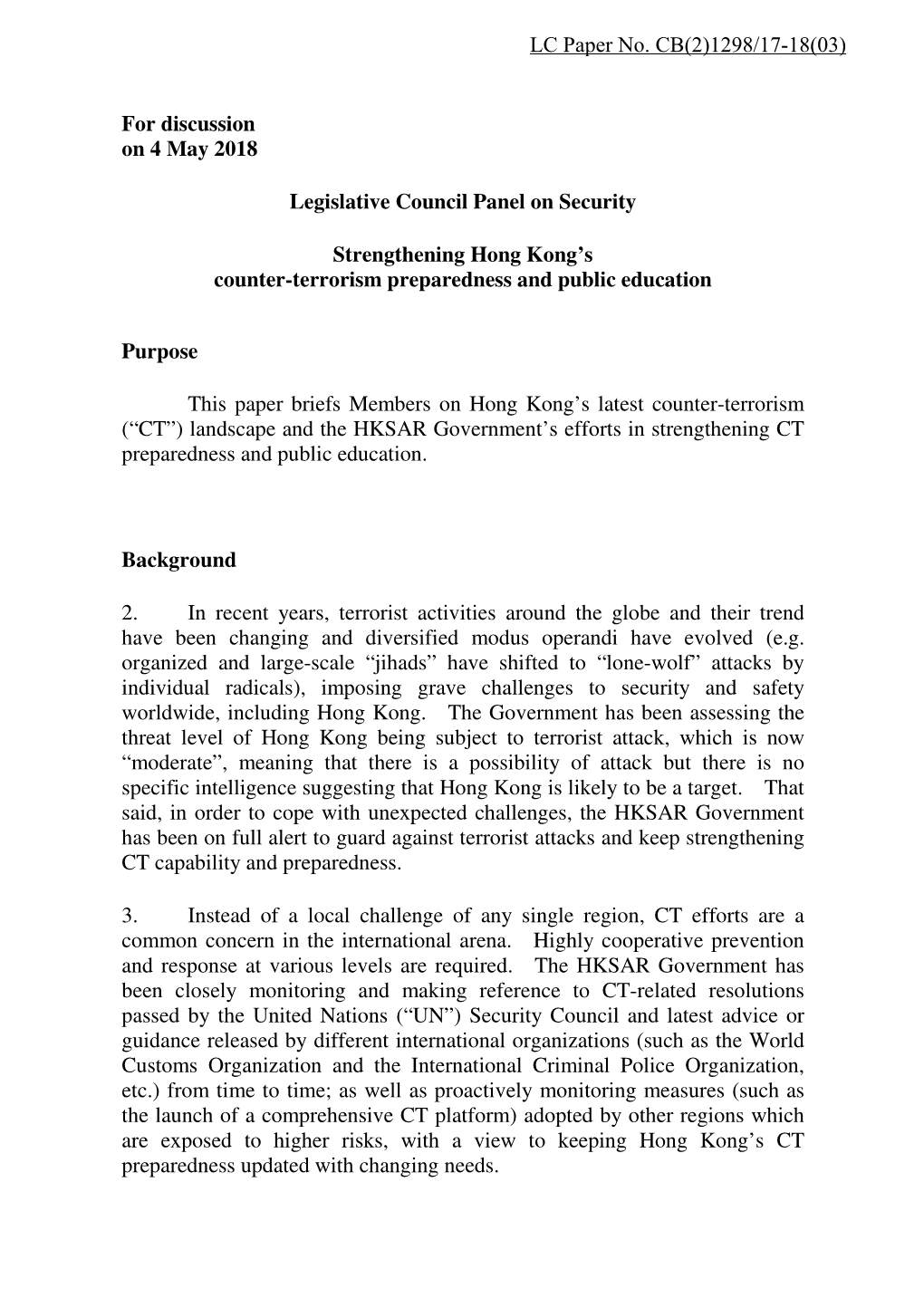 For Discussion on 4 May 2018 Legislative Council Panel On