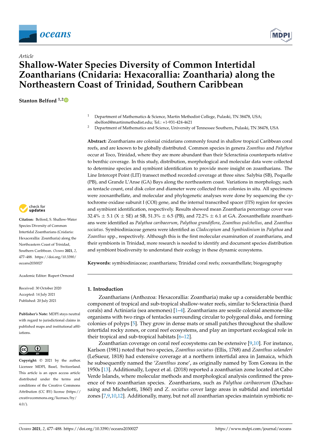 Cnidaria: Hexacorallia: Zoantharia) Along the Northeastern Coast of Trinidad, Southern Caribbean