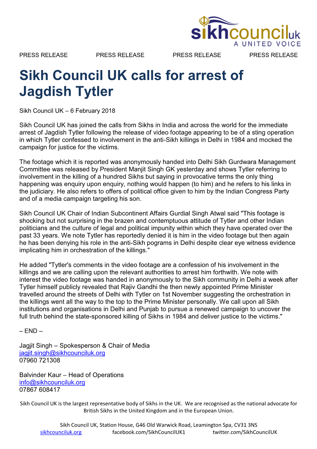 PRESS RELEASE- Sikh Council UK Calls for Arrest of Jagdish Tytler