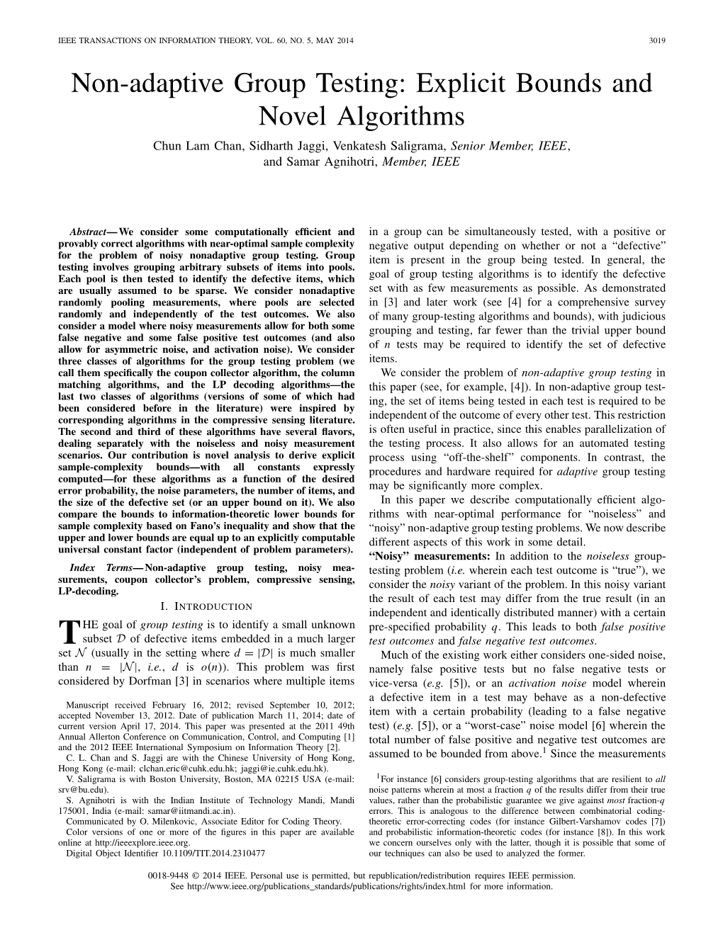 Non-Adaptive Group Testing: Explicit Bounds and Novel Algorithms
