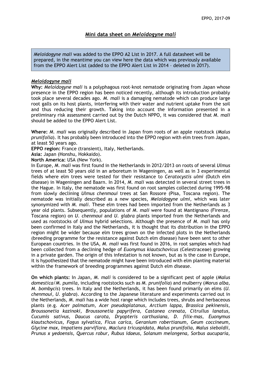 Mini Data Sheet on Meloidogyne Mali