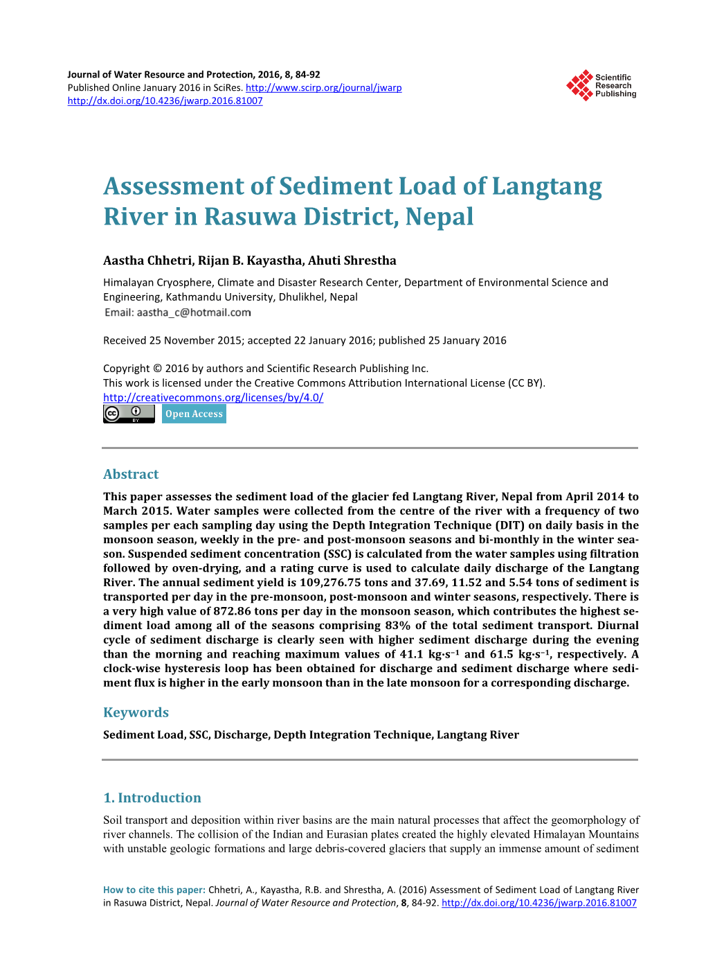 Assessment of Sediment Load of Langtang River in Rasuwa District, Nepal