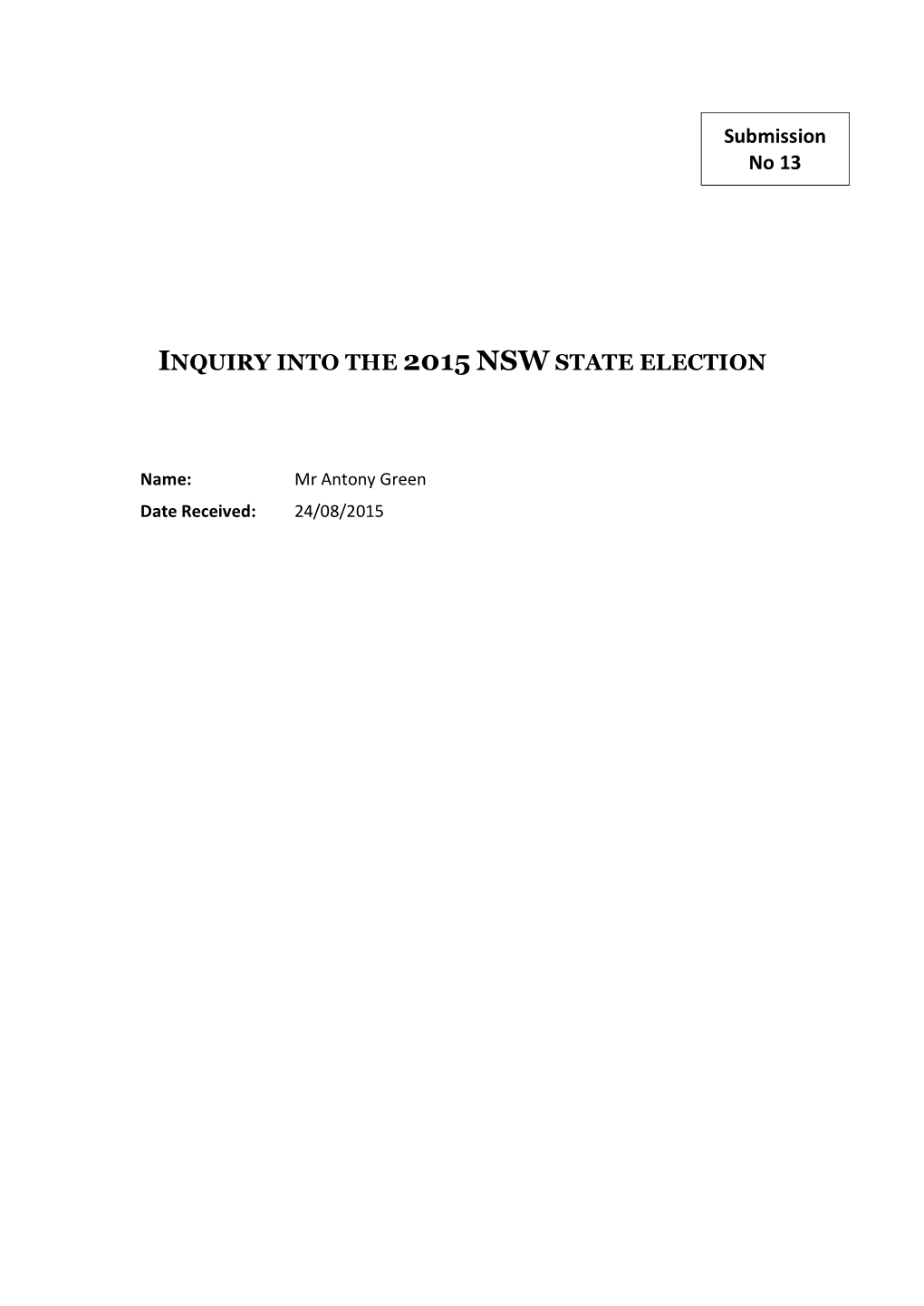 Inquiry Into the 2015 Nsw State Election