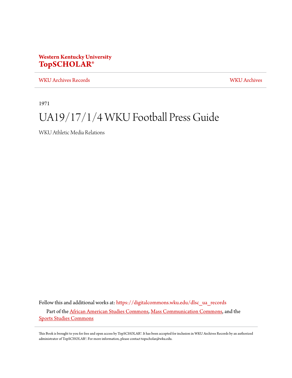 UA19/17/1/4 WKU Football Press Guide WKU Athletic Media Relations