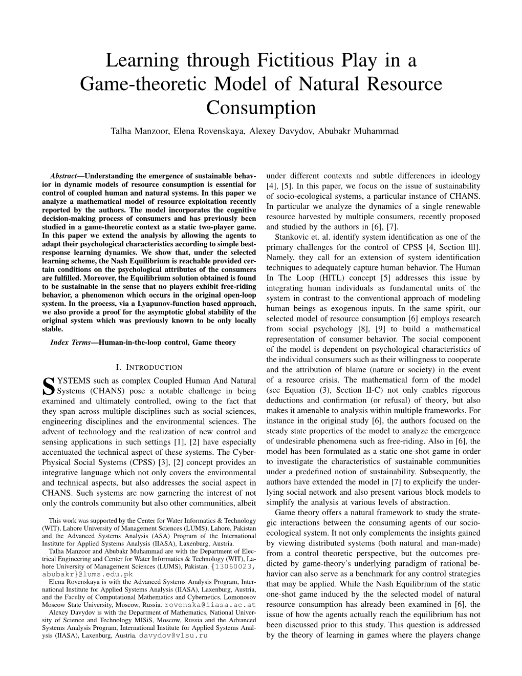 Learning Through Fictitious Play in a Game-Theoretic Model of Natural Resource Consumption Talha Manzoor, Elena Rovenskaya, Alexey Davydov, Abubakr Muhammad