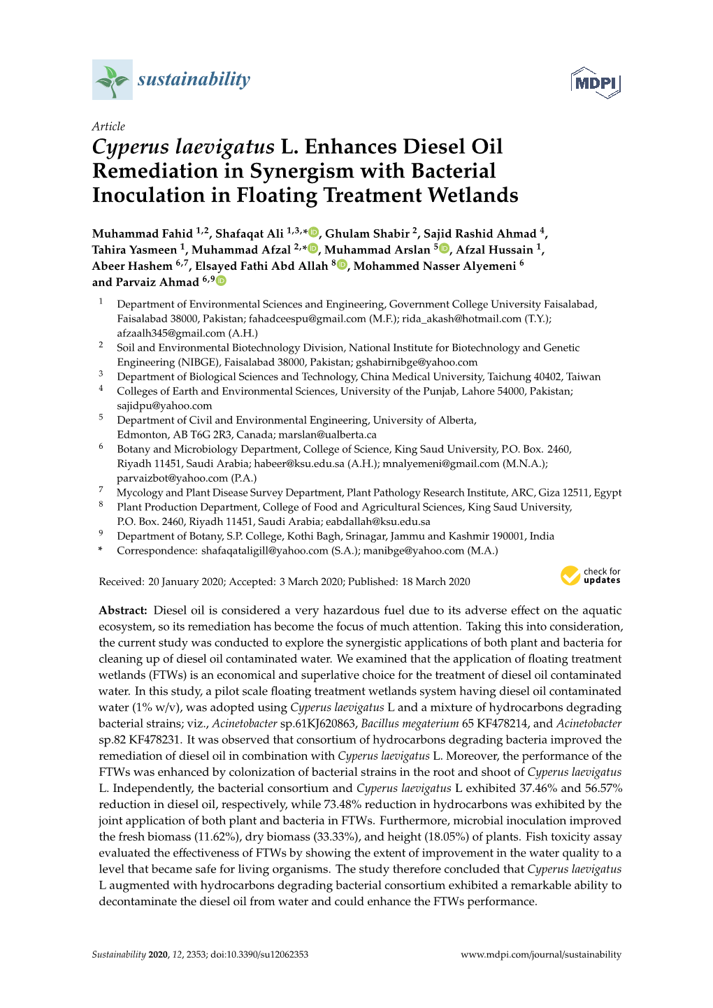 Cyperus Laevigatus L. Enhances Diesel Oil Remediation in Synergism with Bacterial Inoculation in Floating Treatment Wetlands