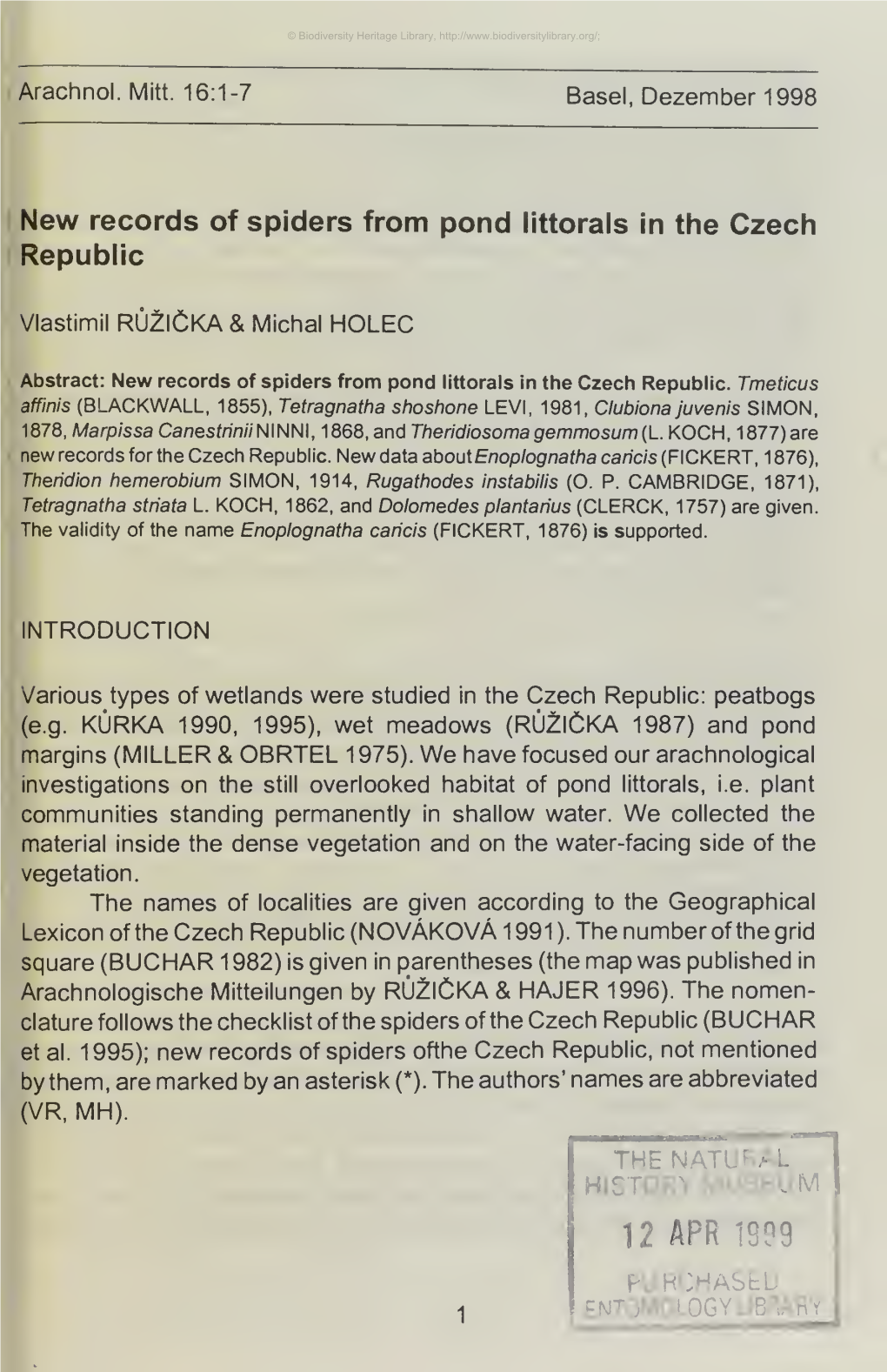 Arachnologische Mitteilungen by RÜZICKA & HAJER 1996)