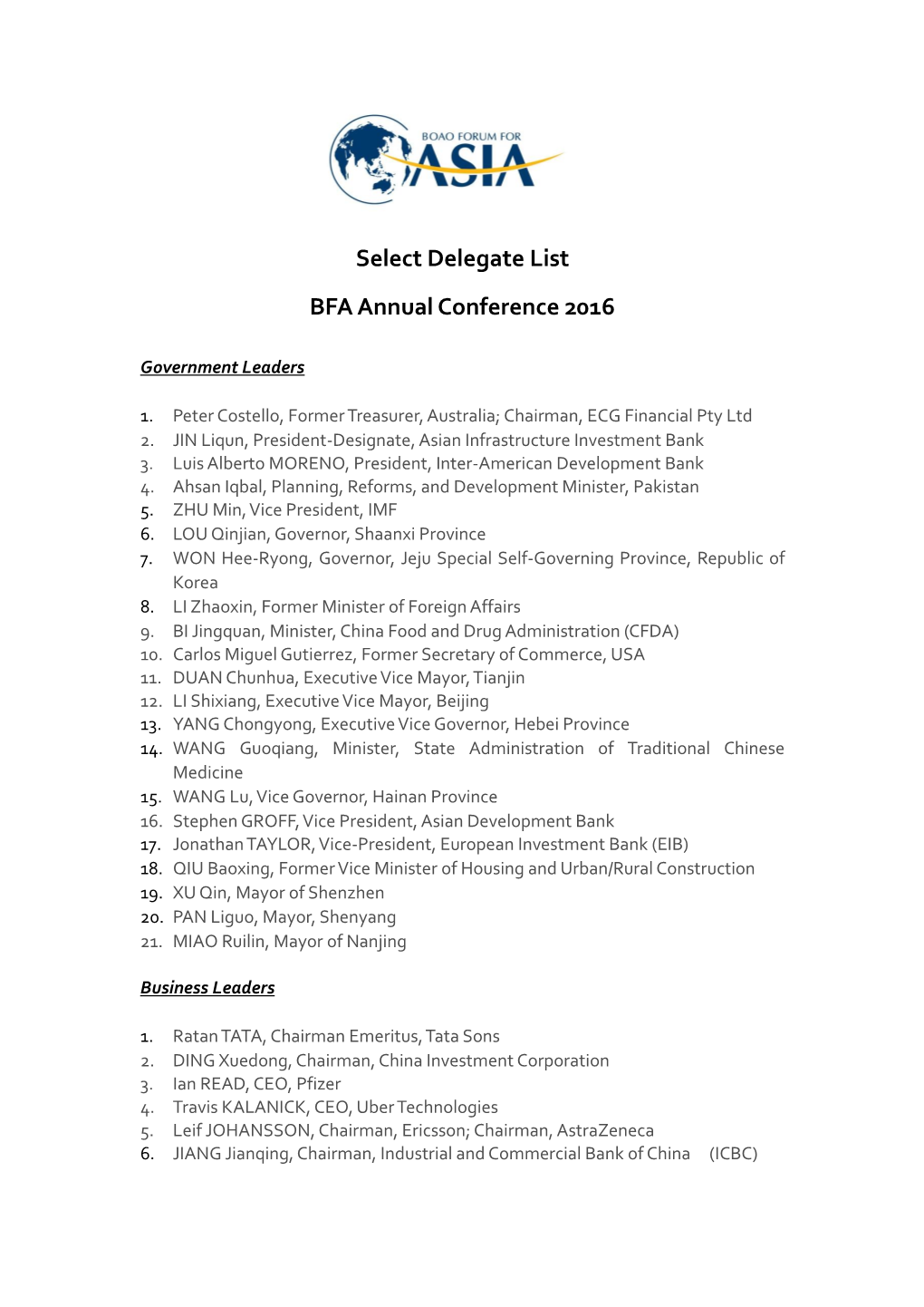 Select Delegate List BFA Annual Conference 2016