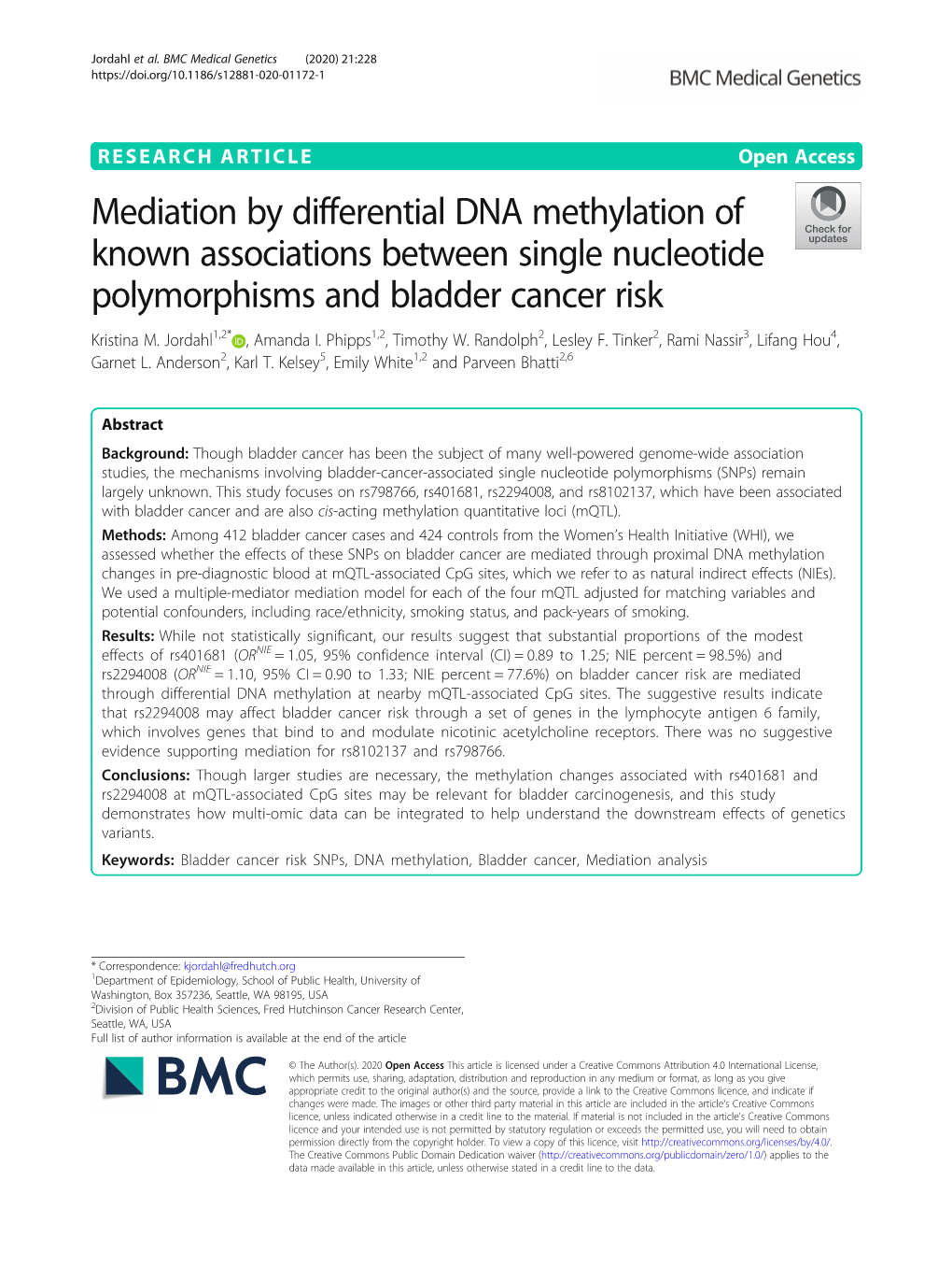 Mediation by Differential DNA Methylation of Known Associations Between Single Nucleotide Polymorphisms and Bladder Cancer Risk Kristina M