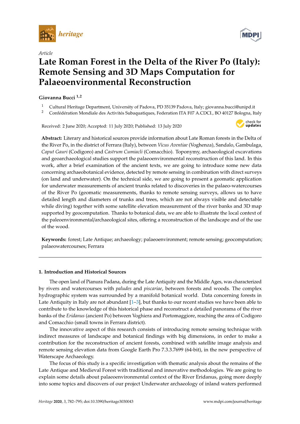 Late Roman Forest in the Delta of the River Po (Italy): Remote Sensing and 3D Maps Computation for Palaeoenvironmental Reconstruction