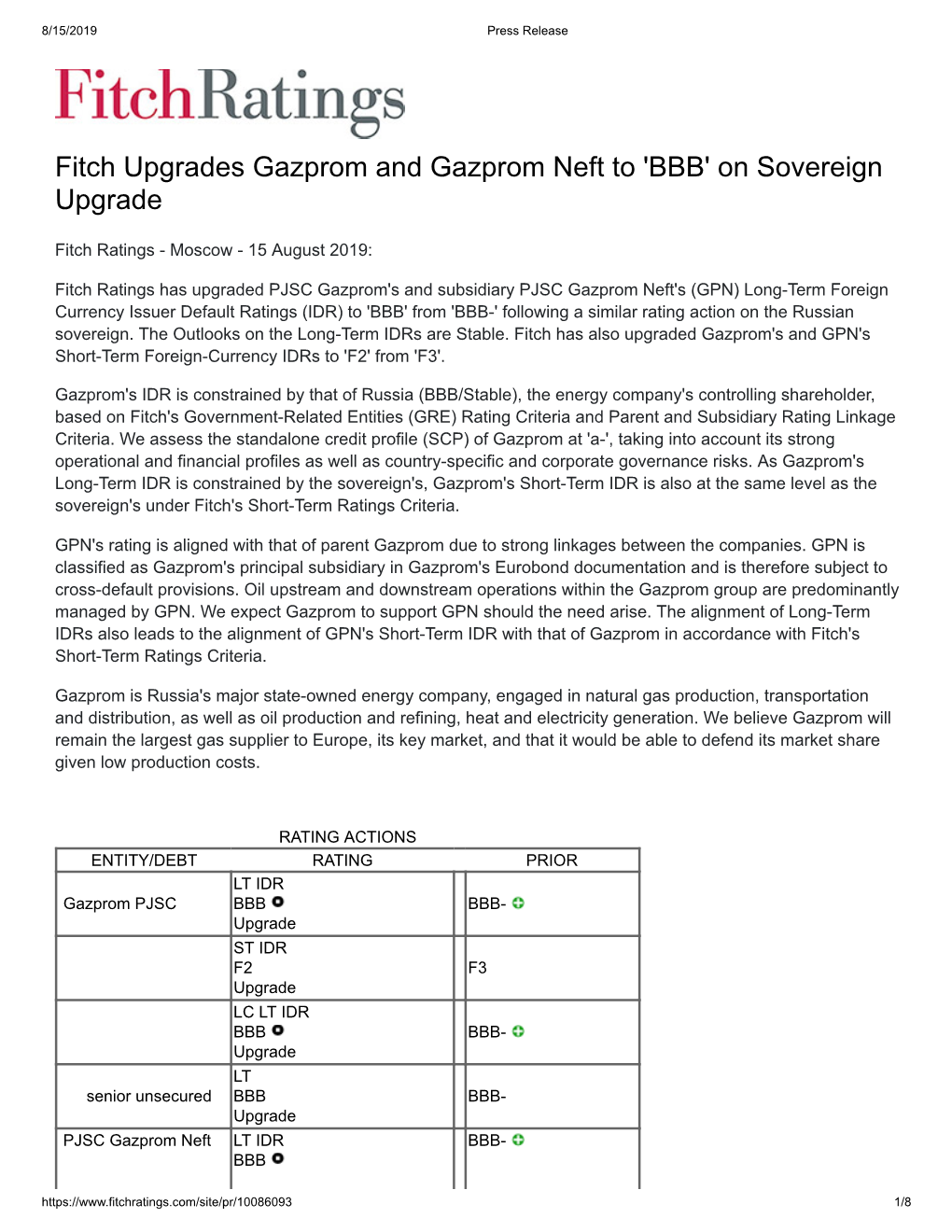 Fitch Upgrades Gazprom and Gazprom Neft to 'BBB' on Sovereign Upgrade