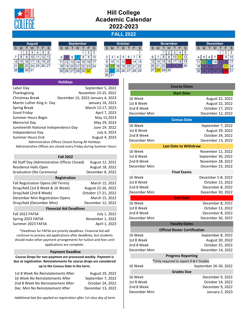 Hill College Academic Calendar 2022-2023 FALL 2022