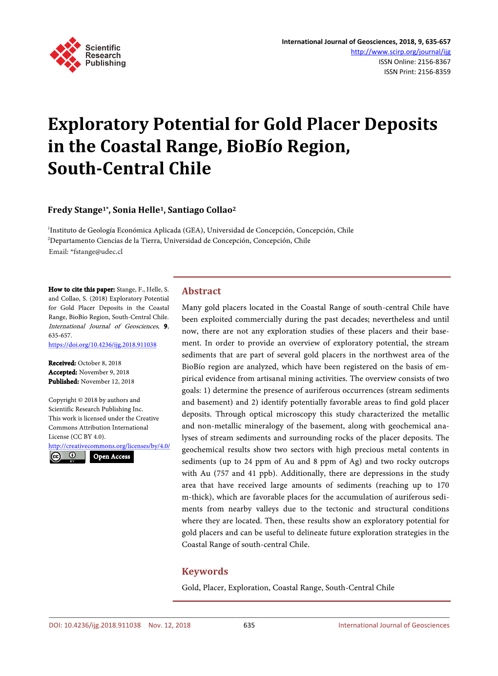 Exploratory Potential for Gold Placer Deposits in the Coastal Range, Biobío Region, South-Central Chile