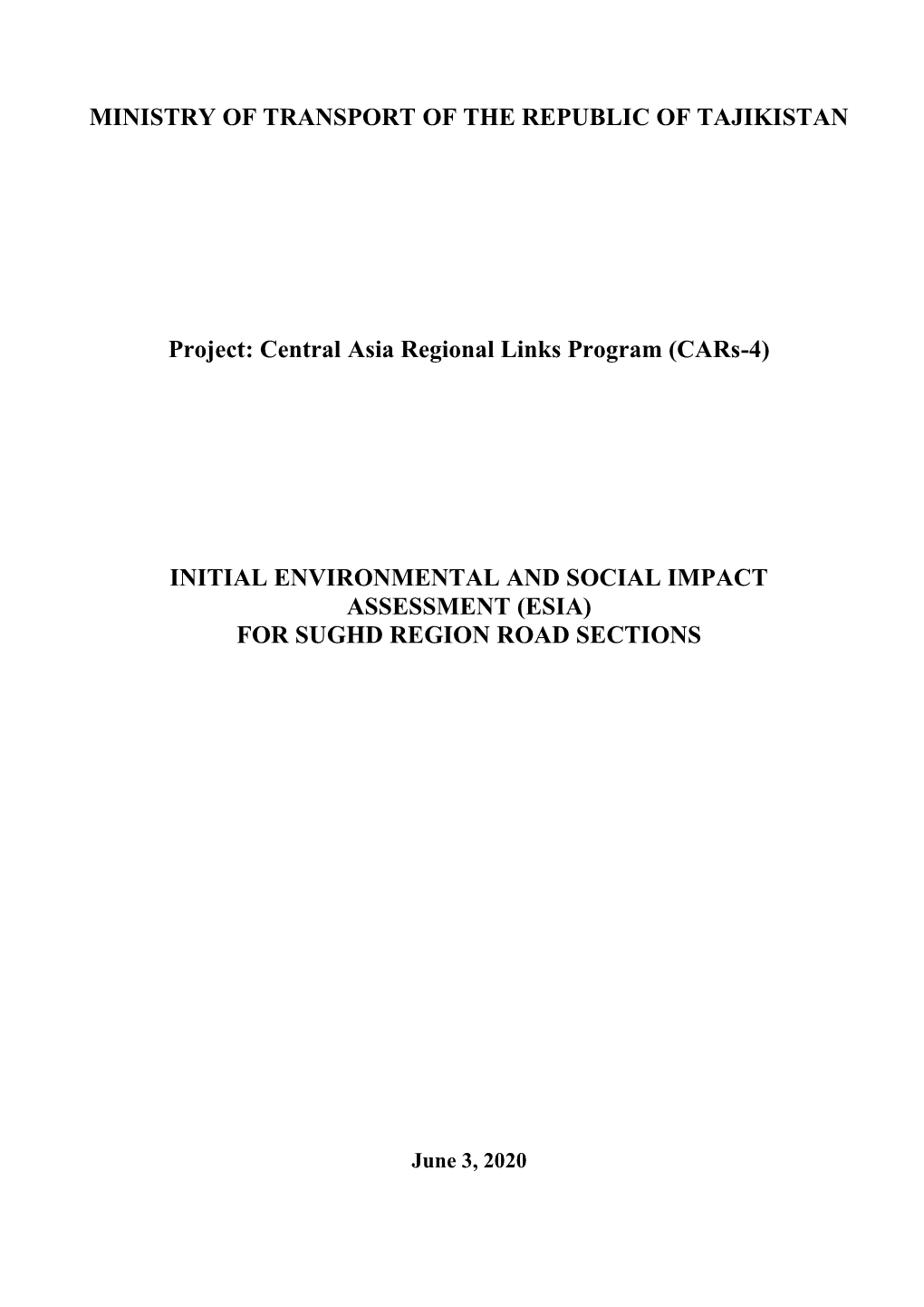 Initial Environmental and Social Impact Assessment (Esia) for Sughd Region Road Sections