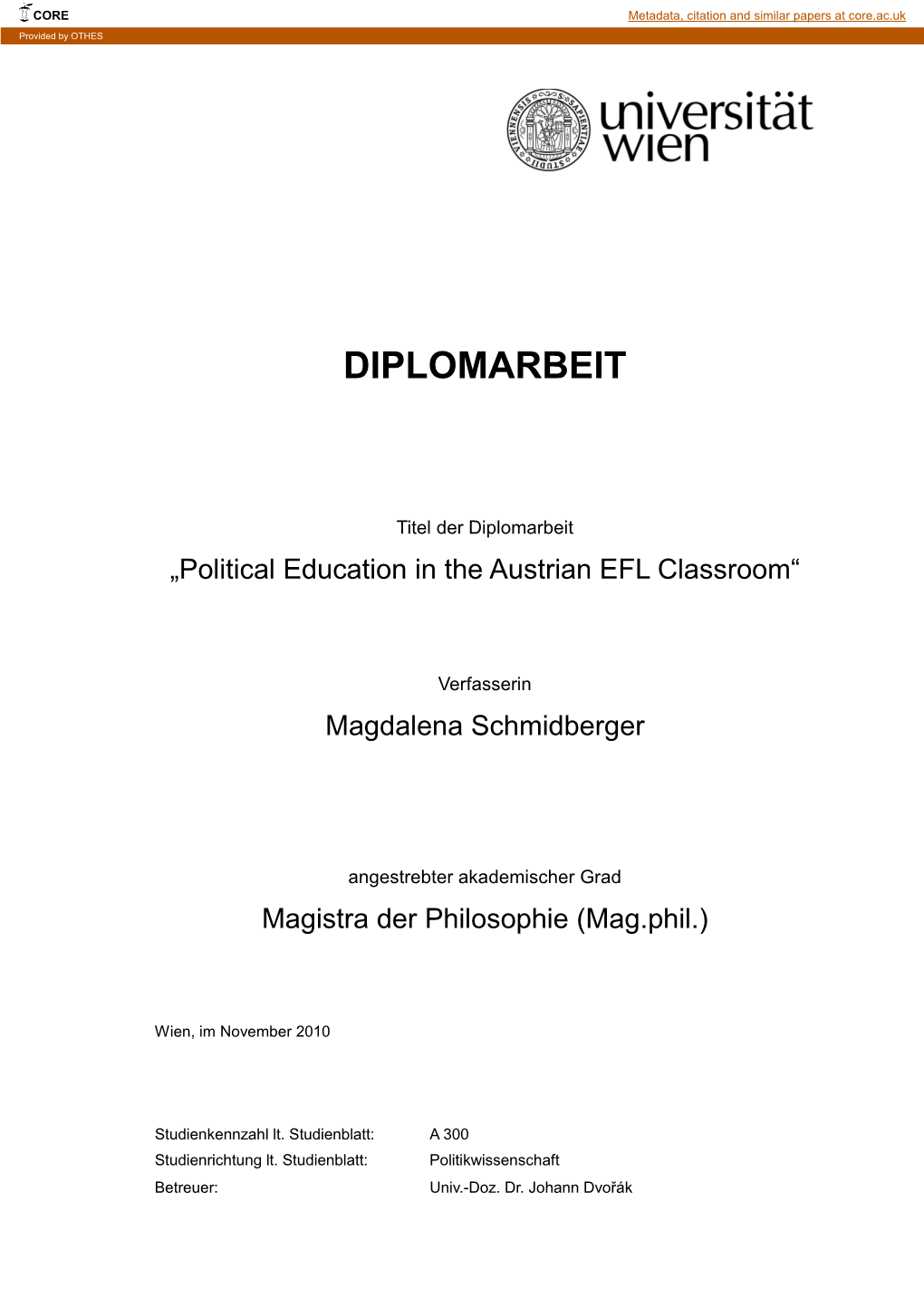 Political Education in the Austrian EFL Classroom“
