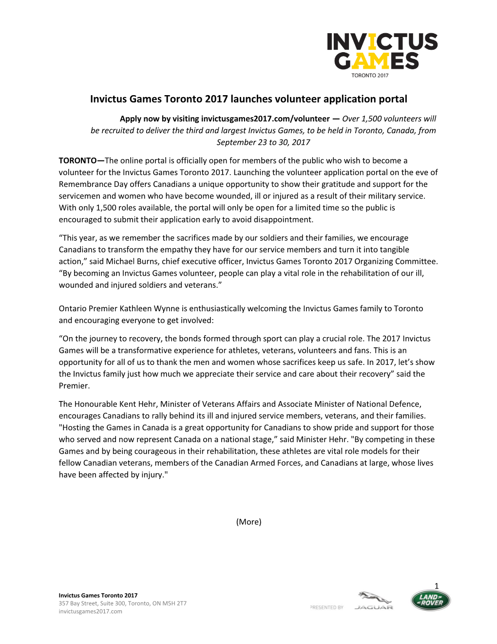 Invictus Games Toronto 2017 Launches Volunteer Application Portal